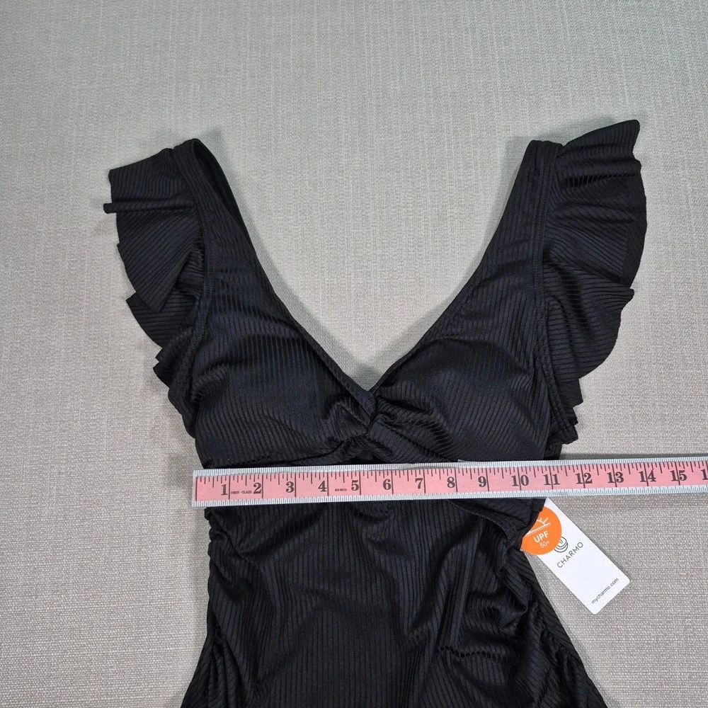 Charmo Maternity One Piece Swimsuit Black Ribbed Ruffle Cutout UPF 50 Size S NWT